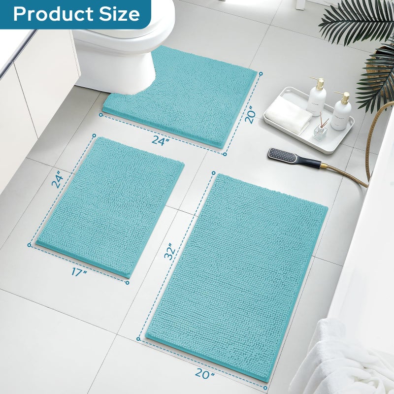 BYSURE Aqua Blue Bathroom Rugs Sets 3 Piece Non Slip Extra Absorbent Plush Chenille Soft Washable Bath Mats - Image 2